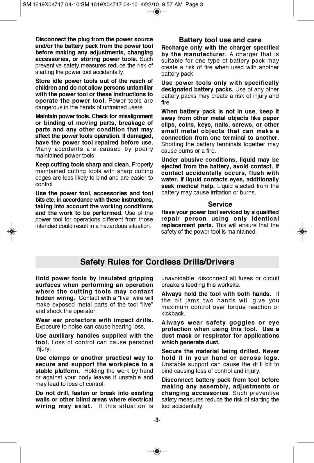 Skil 2860 manual Safety Rules for Cordless Drills/Drivers, Battery tool use and care, Service 