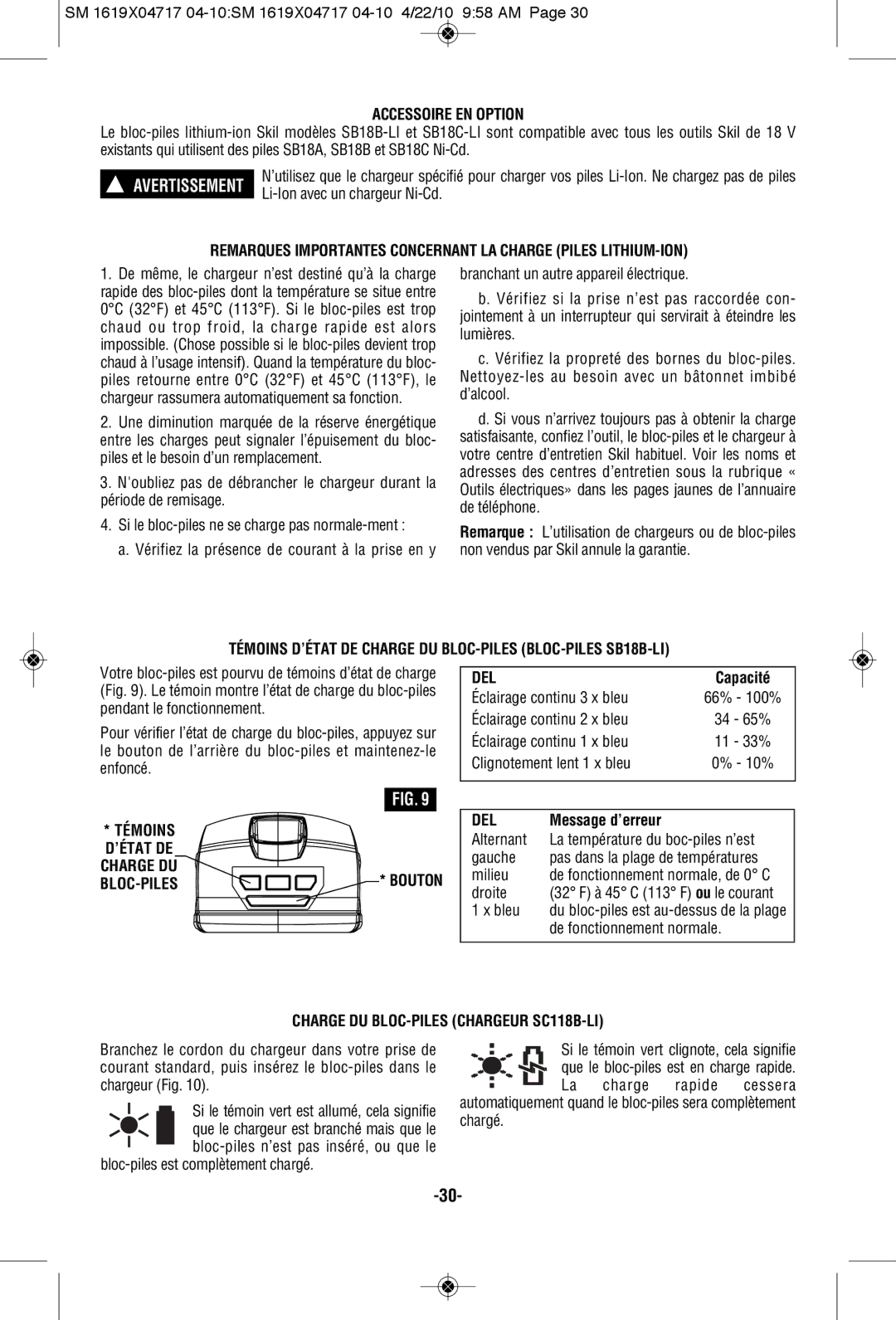 Skil 2860 manual Accessoire EN Option, Témoins D’ÉTAT DE Charge DU BLOC-PILES BLOC-PILES SB18B-LI, Del, Message d’erreur 