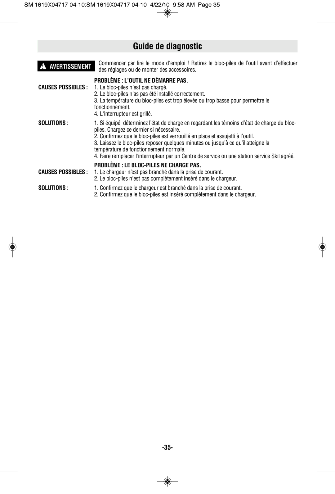 Skil 2860 manual Guide de diagnostic, Problème L’OUTIL NE Démarre PAS, Problème LE BLOC-PILES NE Charge PAS 