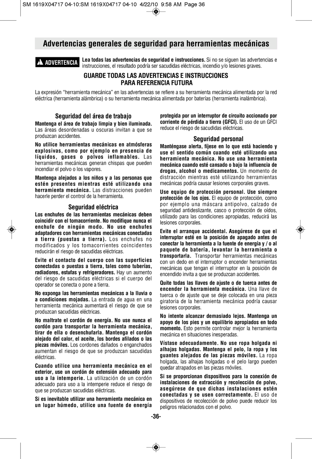 Skil 2860 manual Seguridad del área de trabajo, Seguridad eléctrica, Seguridad personal 