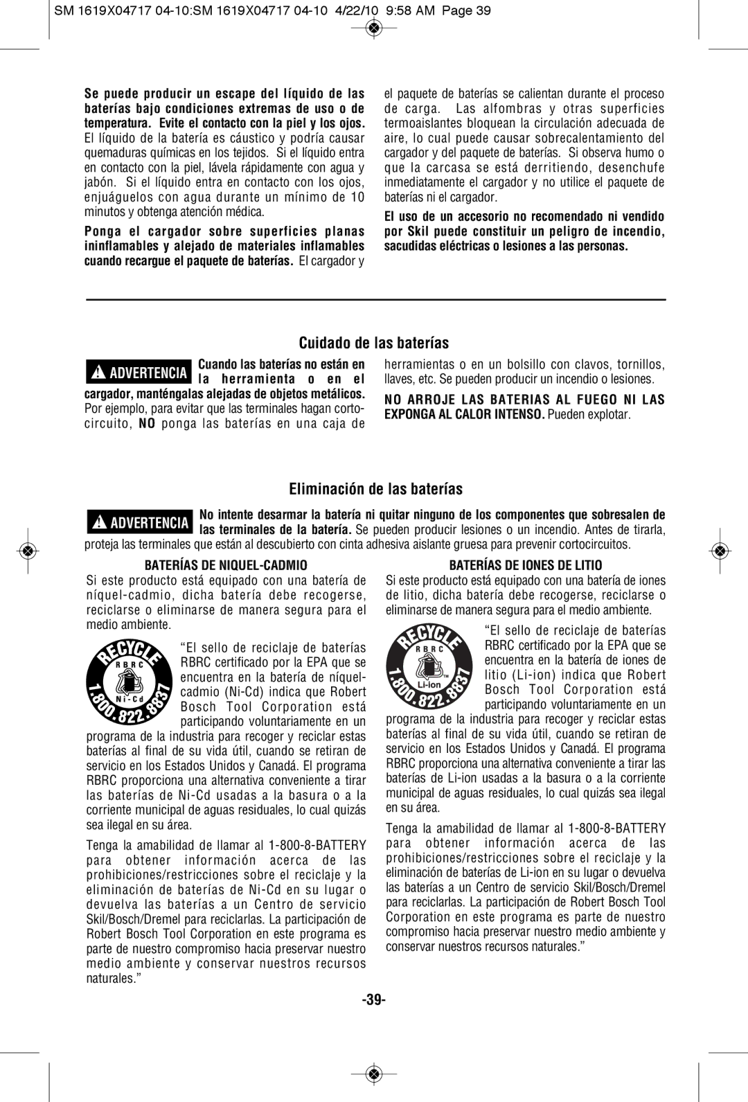 Skil 2860 Cuidado de las baterías, Eliminación de las baterías, Baterías DE NIQUEL-CADMIO, Baterías DE Iones DE Litio 