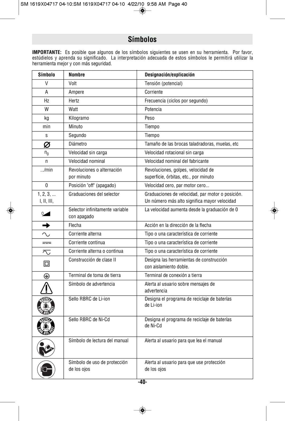 Skil 2860 manual Símbolos, Símbolo Nombre Designación/explicación, Un número más alto significa mayor velocidad 