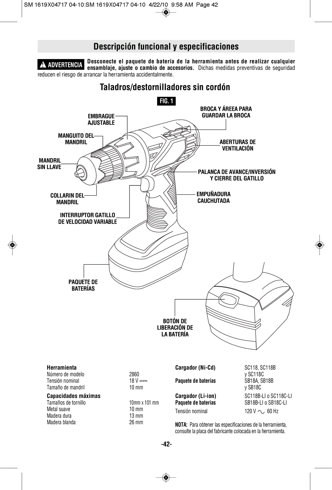 Skil 2860 manual Descripción funcional y especificaciones, Taladros/destornilladores sin cordón 