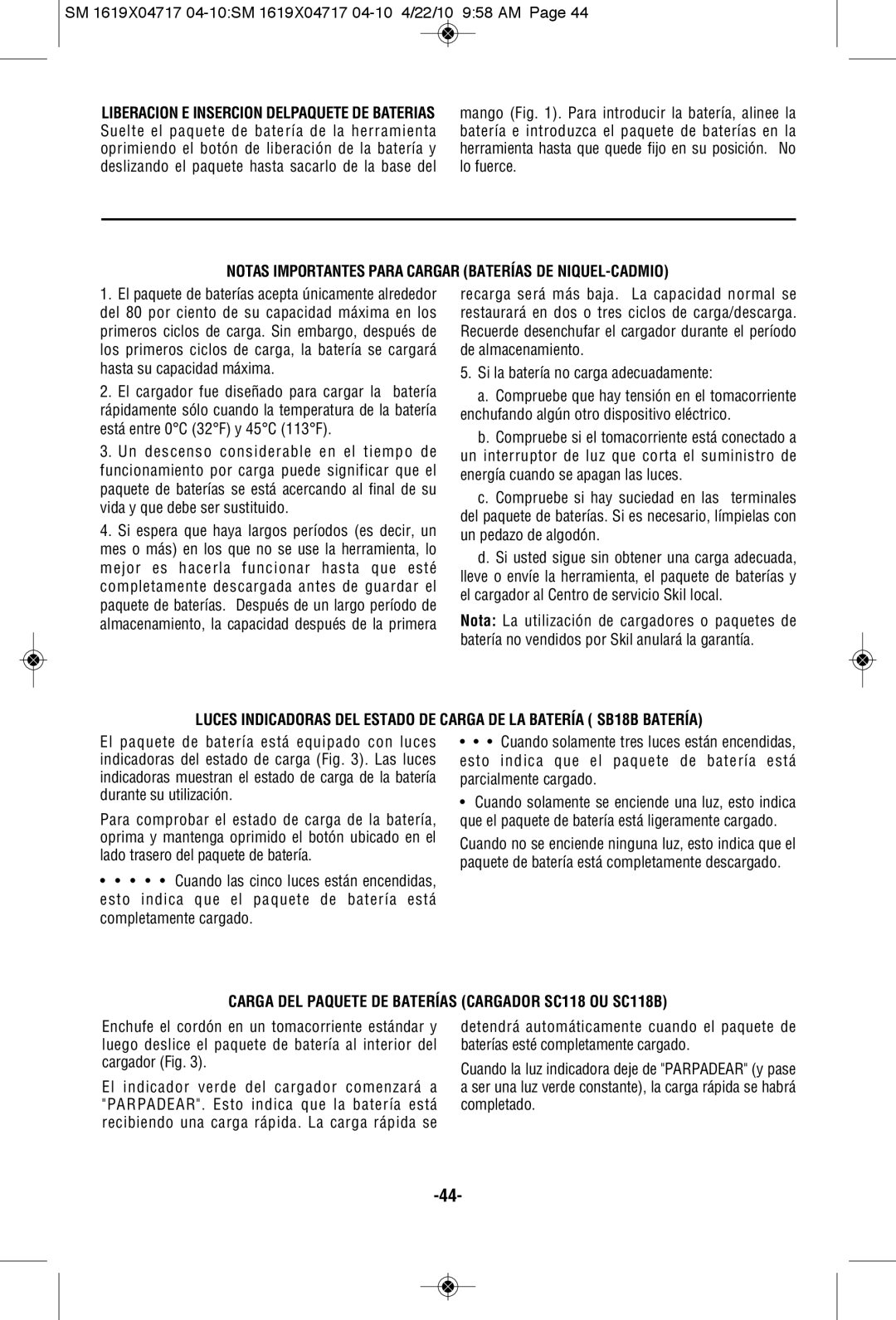 Skil 2860 Notas Importantes Para Cargar Baterías DE NIQUEL-CADMIO, Carga DEL Paquete DE Baterías Cargador SC118 OU SC118B 