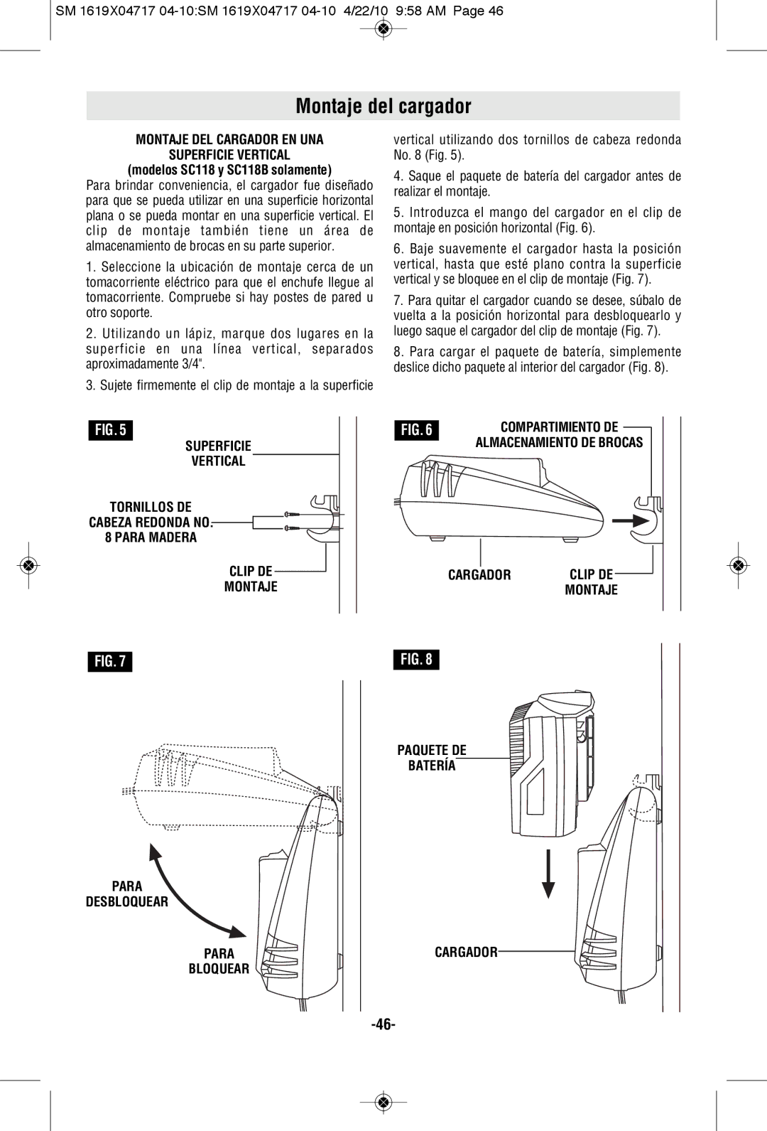 Skil 2860 manual Montaje del cargador, Montaje DEL Cargador EN UNA Superficie Vertical, Modelos SC118 y SC118B solamente 