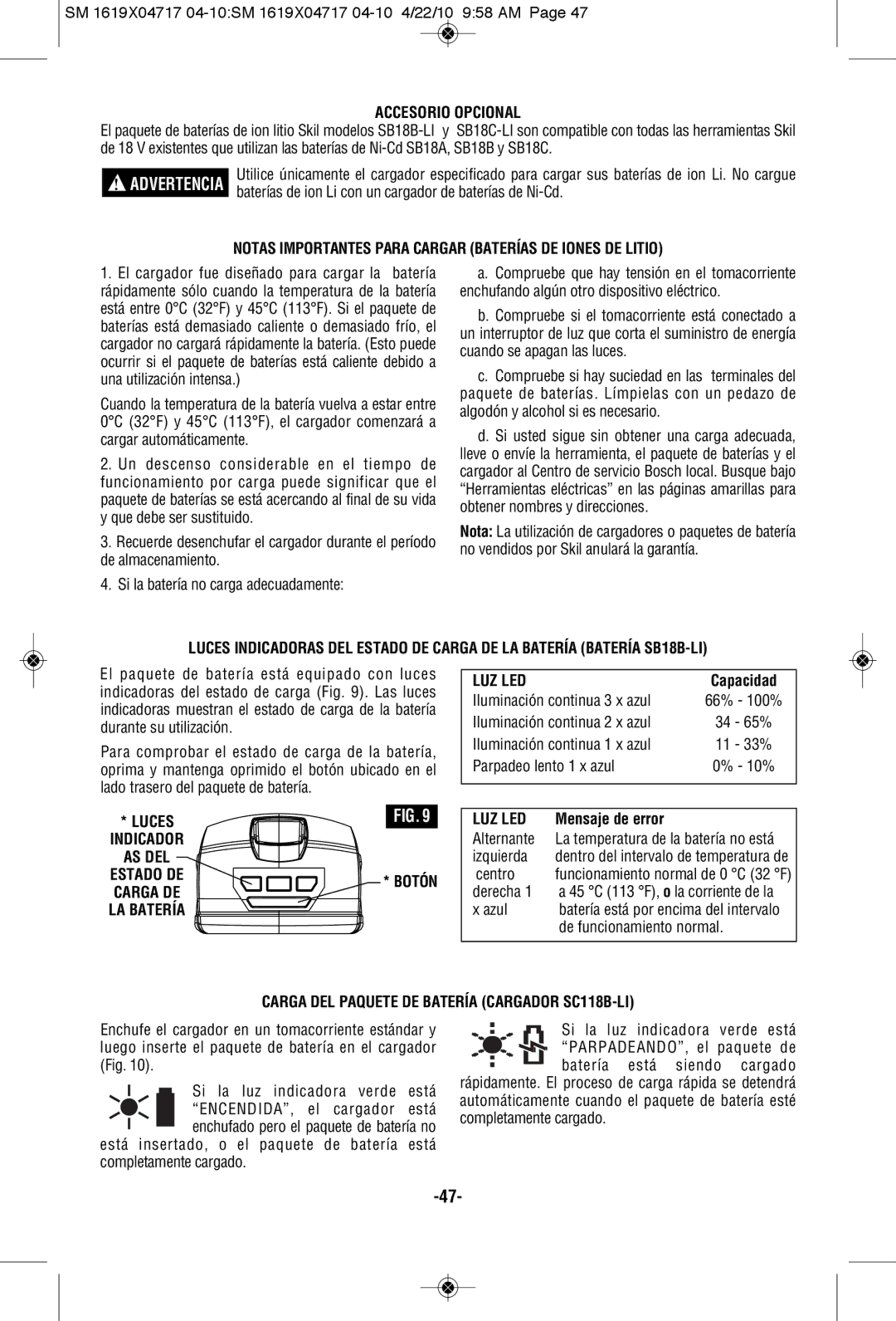 Skil 2860 manual Accesorio Opcional, Notas Importantes Para Cargar Baterías DE Iones DE Litio, Luz Led 