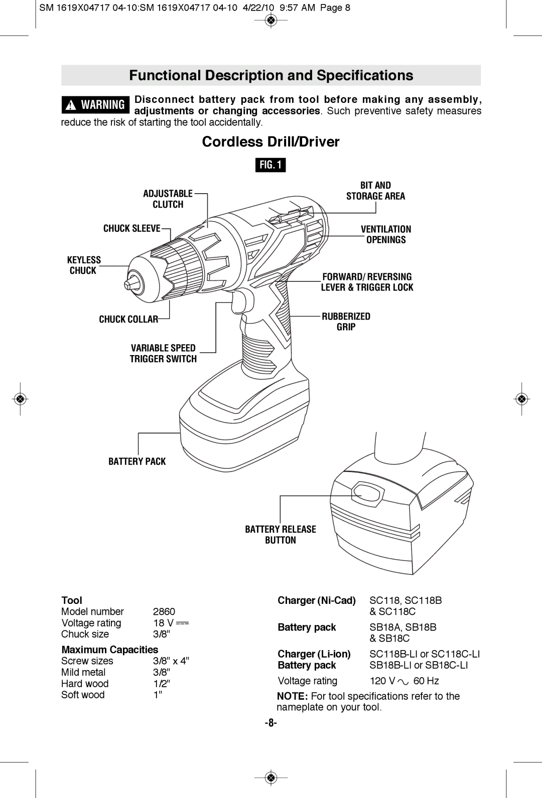 Skil 2860 manual Functional Description and Specifications, Cordless Drill/Driver 