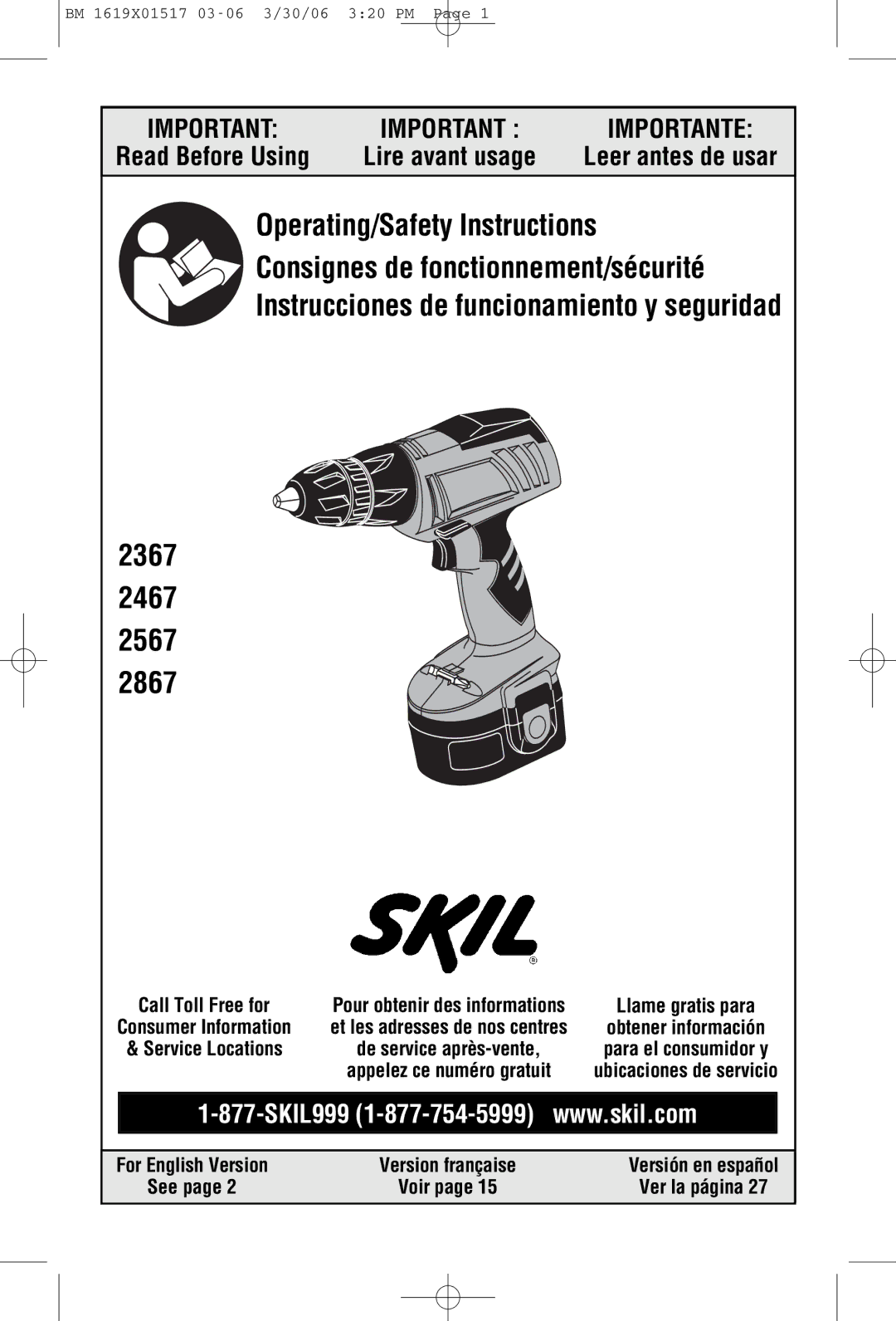 Skil 2567, 2867, 2367, 2467 manual Leer antes de usar, For English Version Version française, See Voir Ver la página 