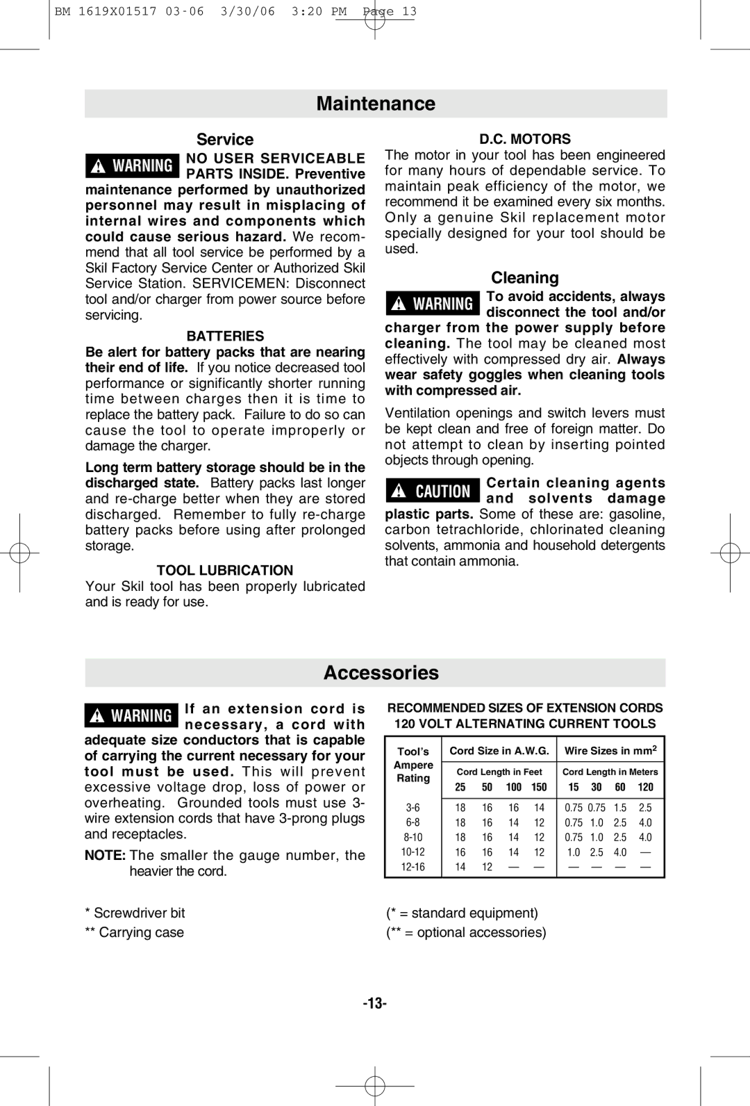 Skil 2567, 2867, 2367, 2467 manual Maintenance, Accessories, Cleaning 