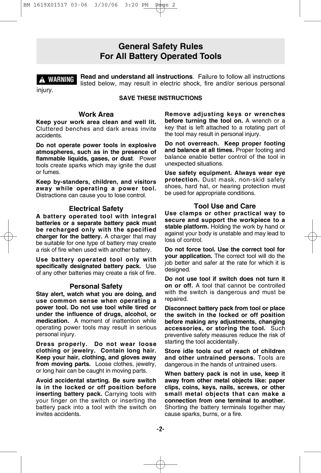 Skil 2367, 2867, 2567, 2467 manual General Safety Rules, For All Battery Operated Tools 