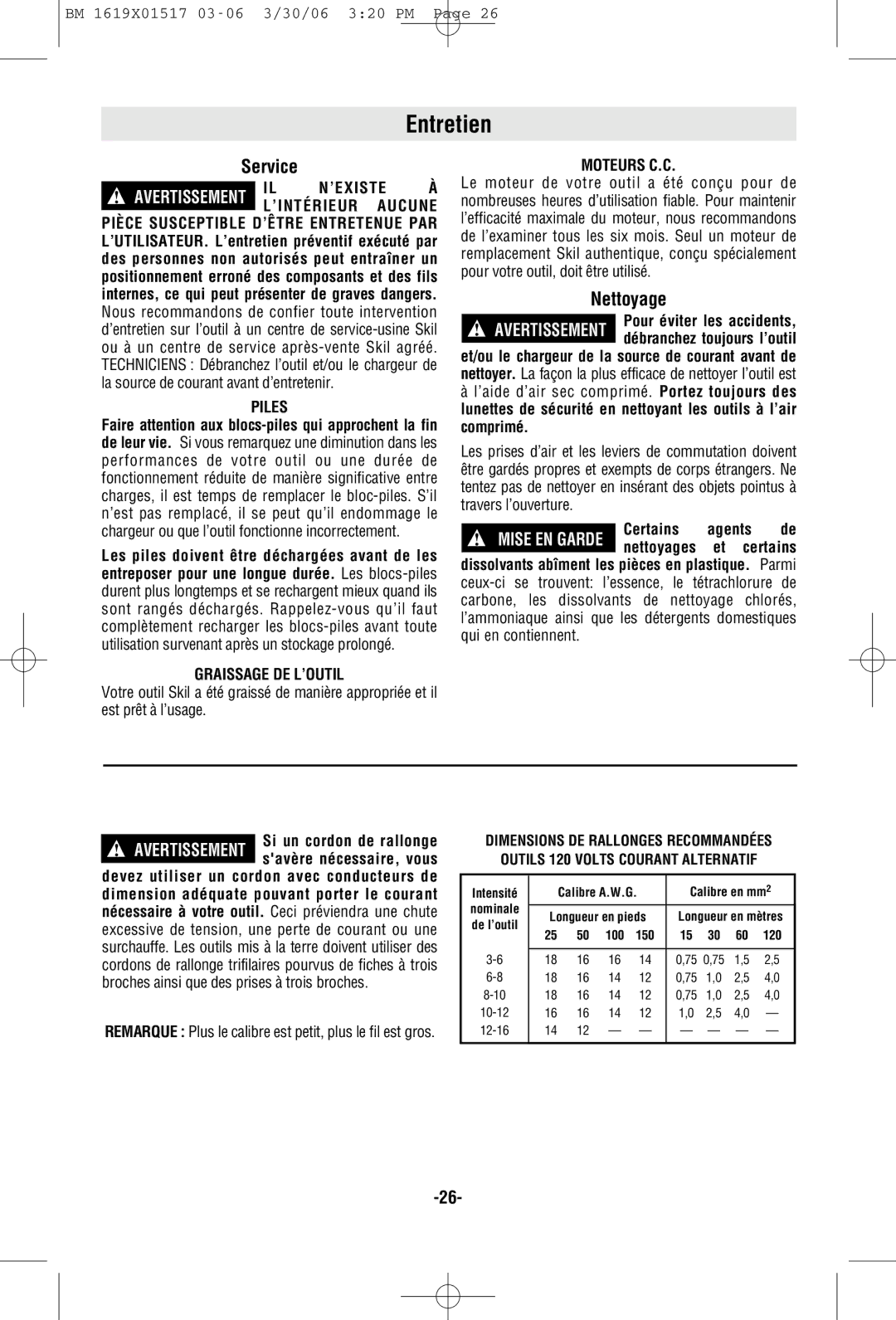 Skil 2367, 2867, 2567, 2467 manual Entretien, Nettoyage, Piles, Graissage DE L’OUTIL, Moteurs C.C 