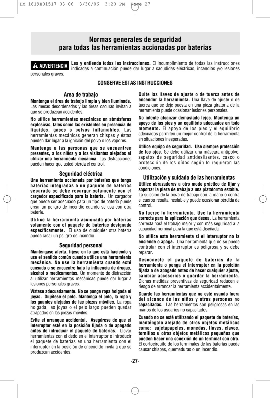 Skil 2467, 2867, 2567 Area de trabajo, Seguridad eléctrica, Seguridad personal, Utilización y cuidado de las herramientas 