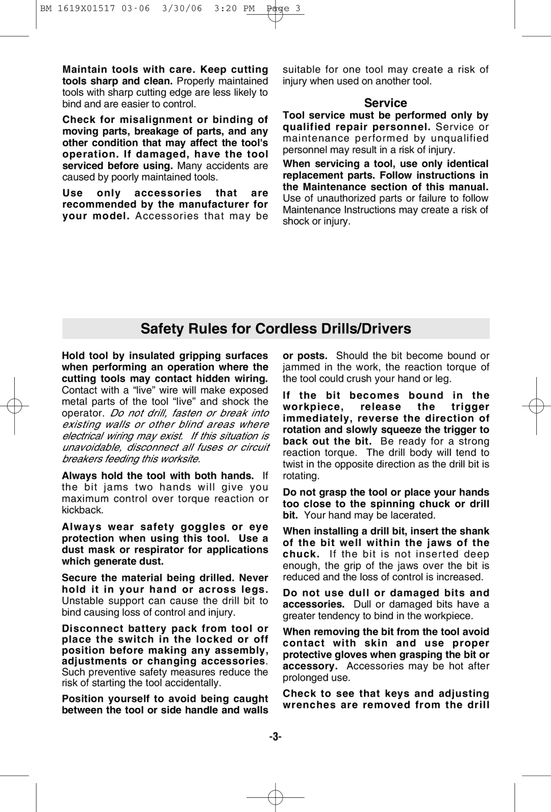 Skil 2467, 2867, 2567, 2367 manual Safety Rules for Cordless Drills/Drivers, Service 