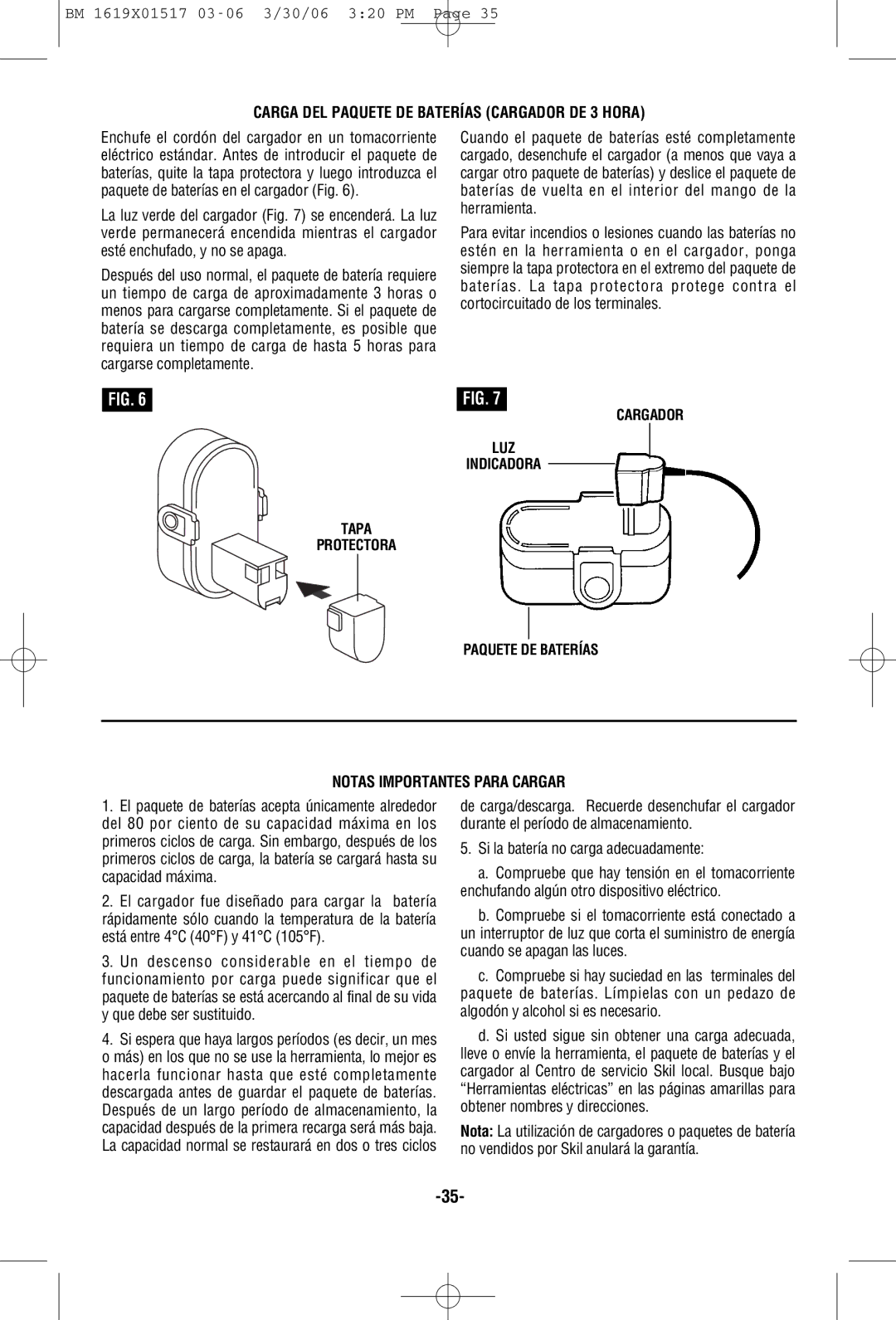 Skil 2467, 2867, 2567, 2367 manual Carga DEL Paquete DE Baterías Cargador DE 3 Hora, Notas Importantes Para Cargar 