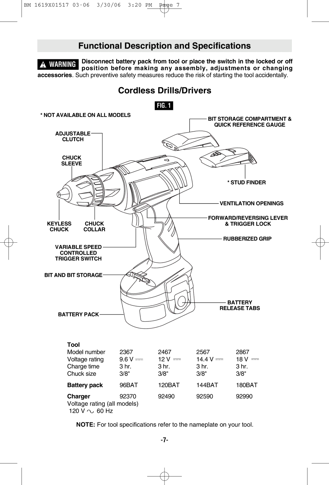 Skil 2467, 2867, 2567, 2367 Functional Description and Specifications, Cordless Drills/Drivers, Tool, Battery pack, Charger 