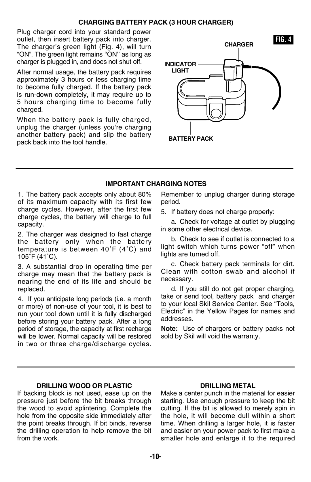 Skil 2885, 2585 Charging Battery Pack 3 Hour Charger, Important Charging Notes, Drilling Wood or Plastic, Drilling Metal 