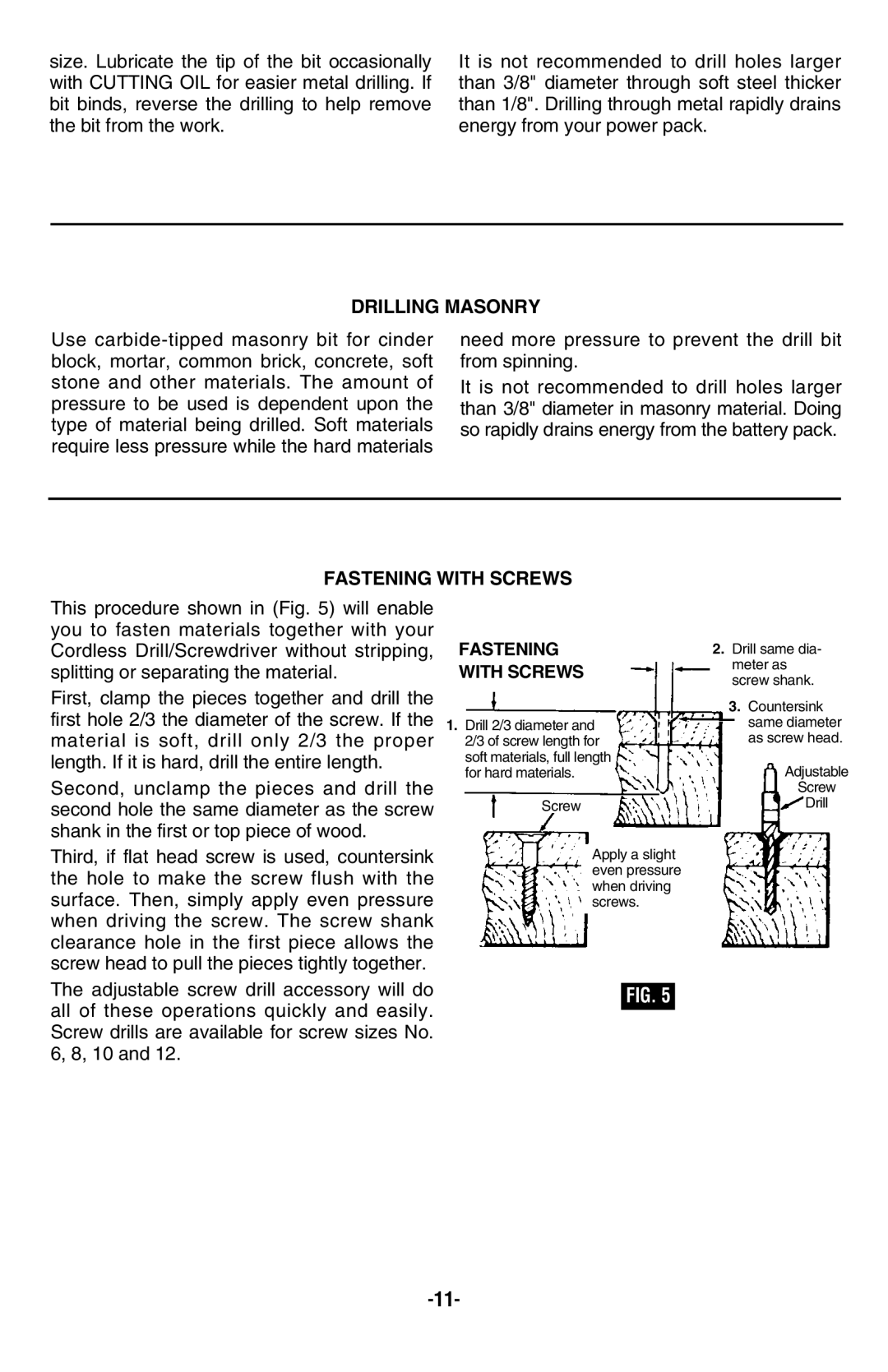 Skil 2585, 2885 manual Drilling Masonry, Fastening with Screws 