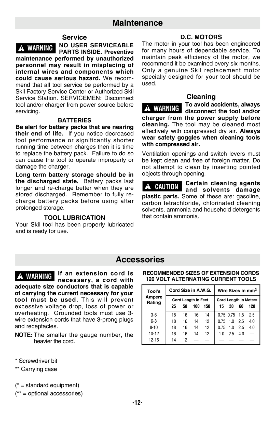 Skil 2885, 2585 manual Maintenance, Accessories, Cleaning, Batteries, Certain cleaning agents ! Caution and solvents damage 