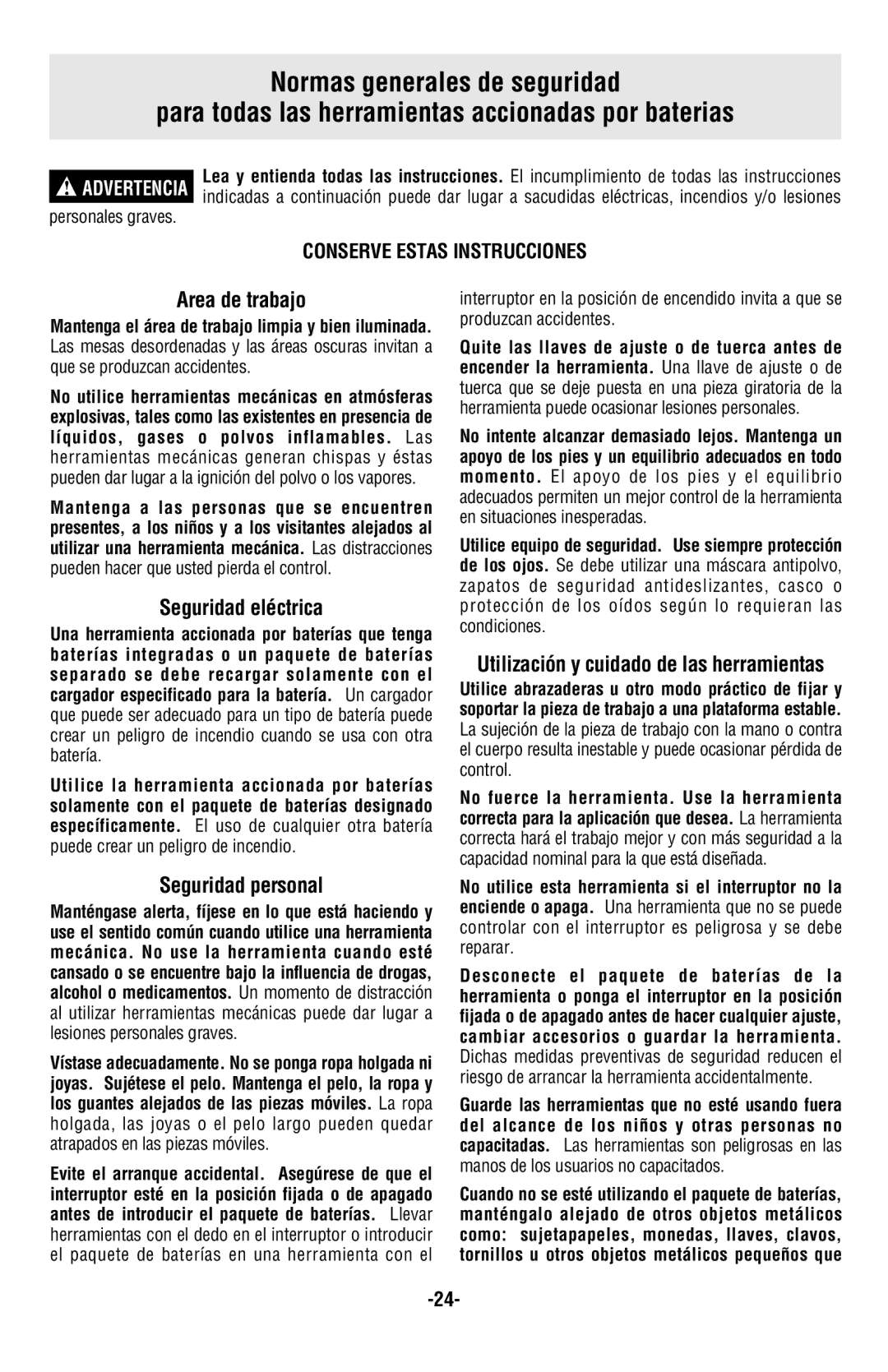 Skil 2885, 2585 manual Area de trabajo, Seguridad eléctrica, Seguridad personal, Personales graves 