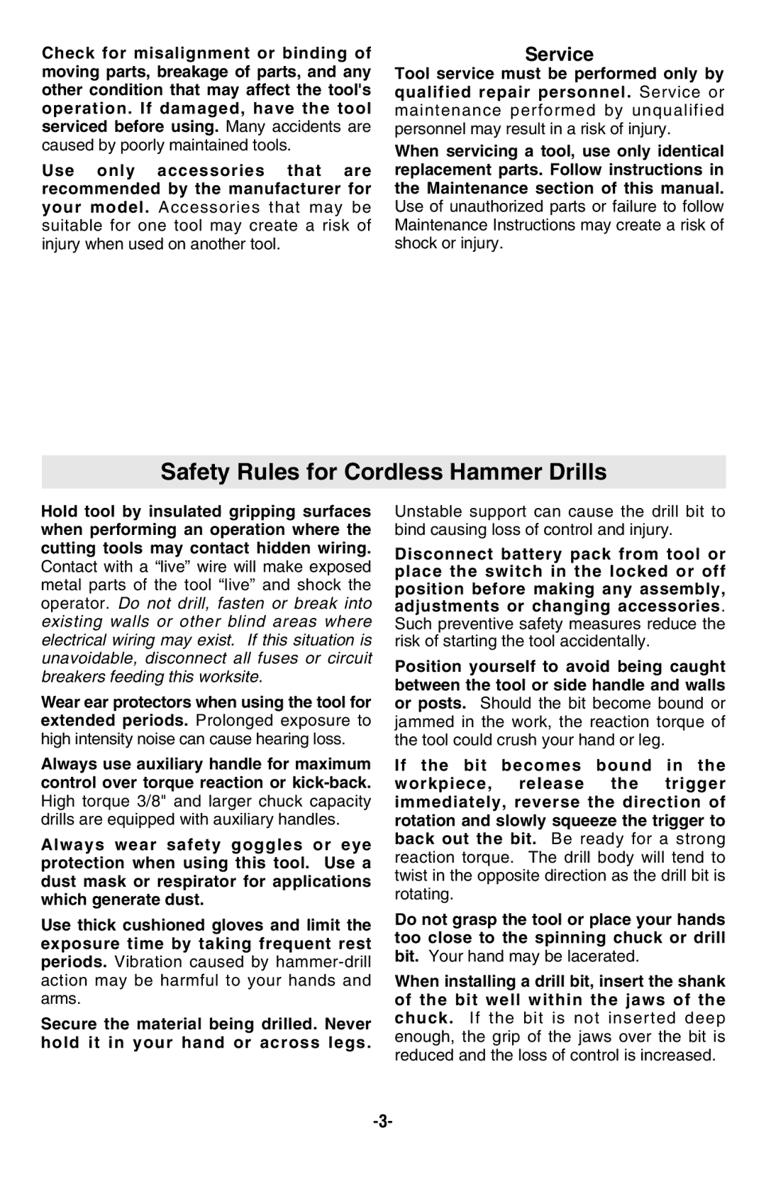 Skil 2585, 2885 manual Safety Rules for Cordless Hammer Drills, Service 