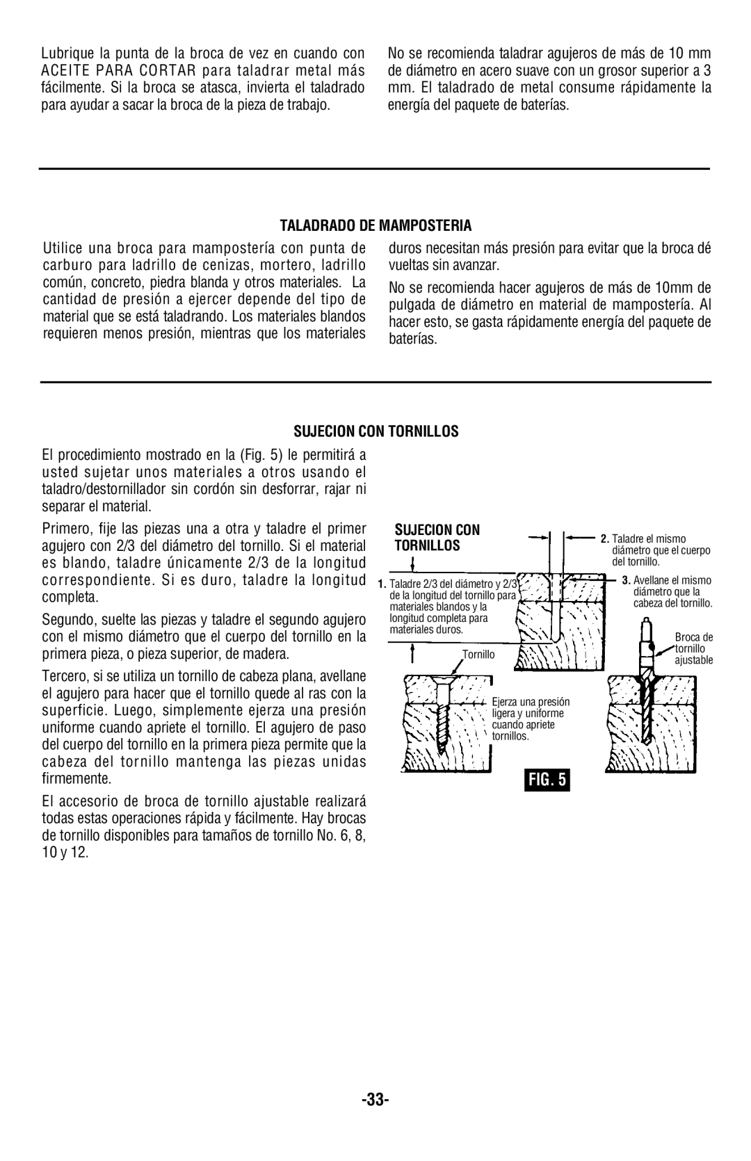 Skil 2585, 2885 manual Taladrado DE Mamposteria, Sujecion CON Tornillos 