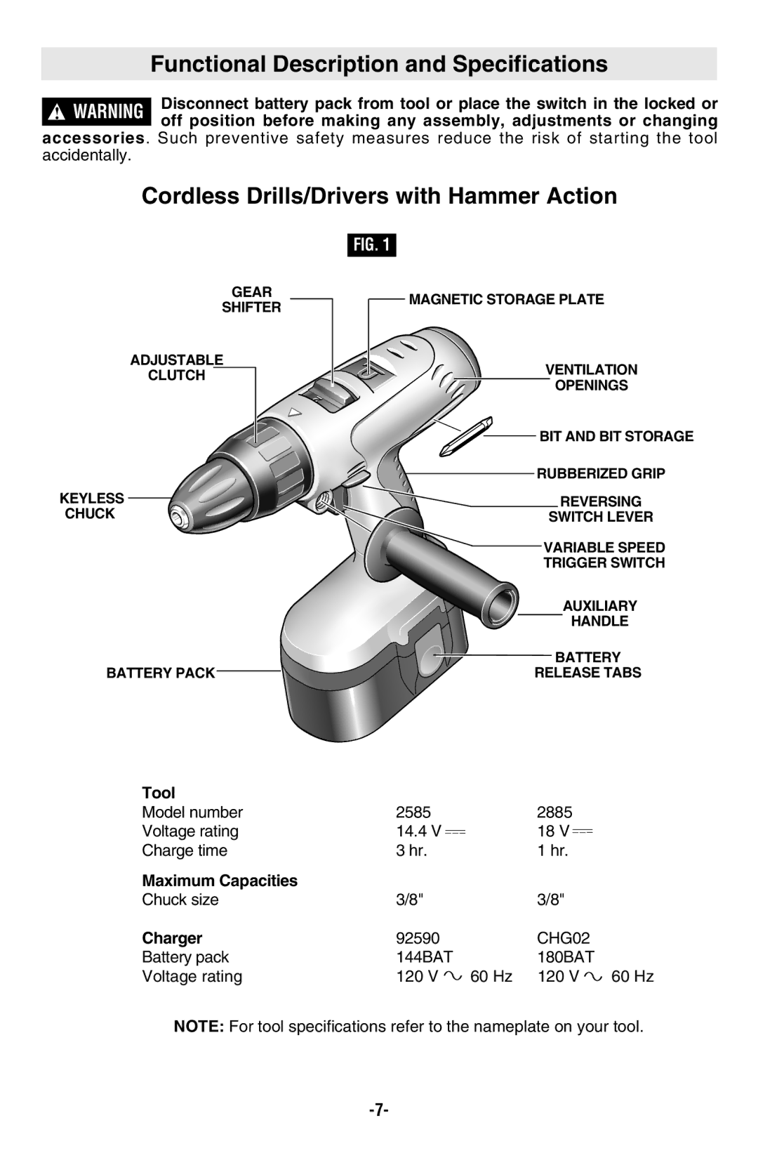 Skil 2585 Functional Description and Specifications, Cordless Drills/Drivers with Hammer Action, Tool, Maximum Capacities 