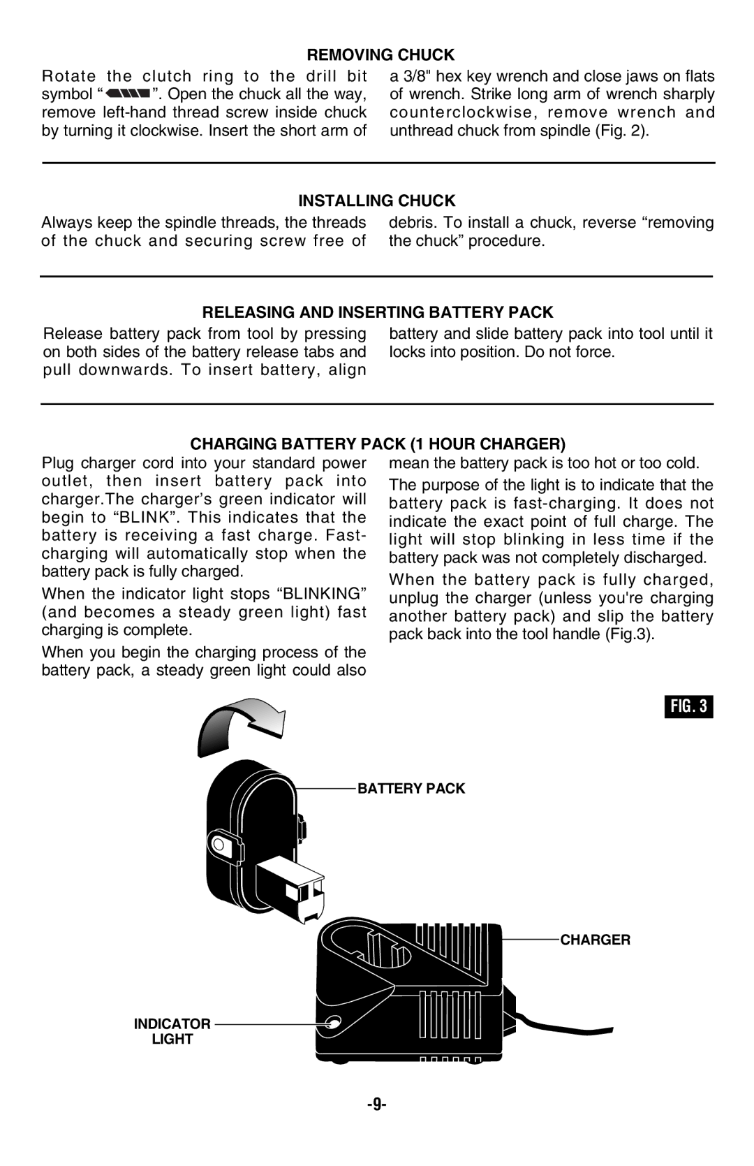 Skil 2585 Removing Chuck, Installing Chuck, Releasing and Inserting Battery Pack, Charging Battery Pack 1 Hour Charger 