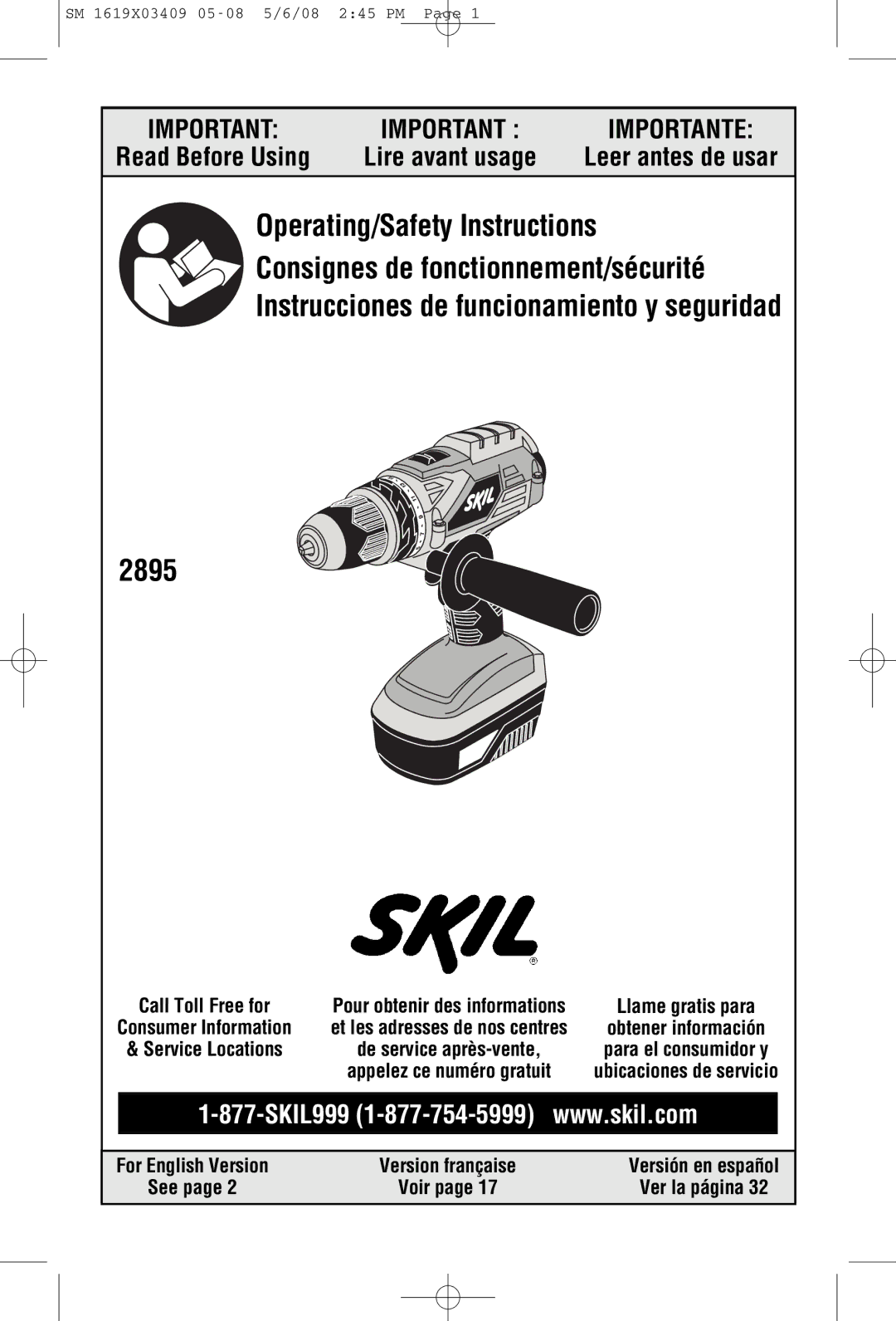 Skil 2895 manual Read Before Using, For English Version Version française, See Voir Ver la página 