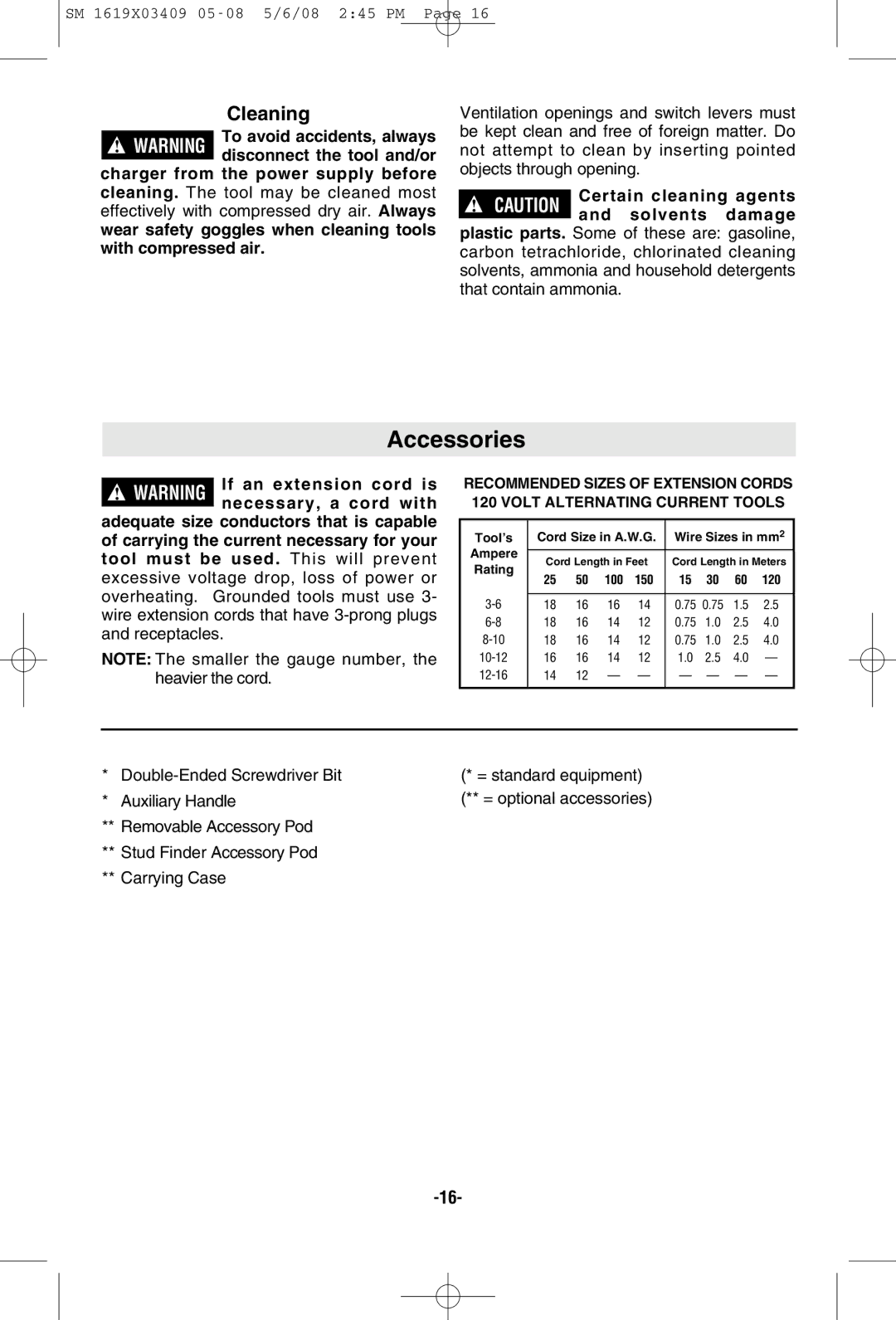 Skil 2895 manual Accessories, Cleaning, Certain cleaning agents Caution and solvents damage 