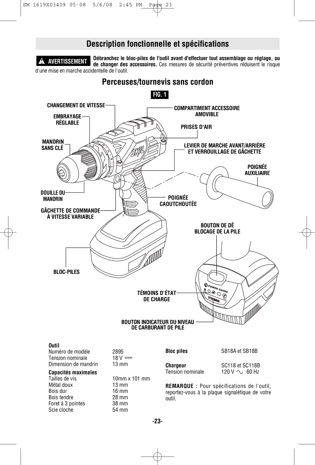 Skil 2895 manual Description fonctionnelle et spécifications, Perceuses/tournevis sans cordon, Outil, Bloc piles, Chargeur 