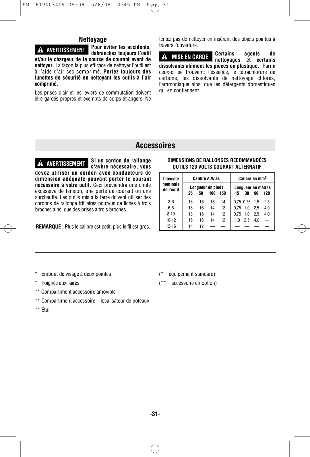 Skil 2895 manual Accessoires, Nettoyage, Certains Agents, Et certains 