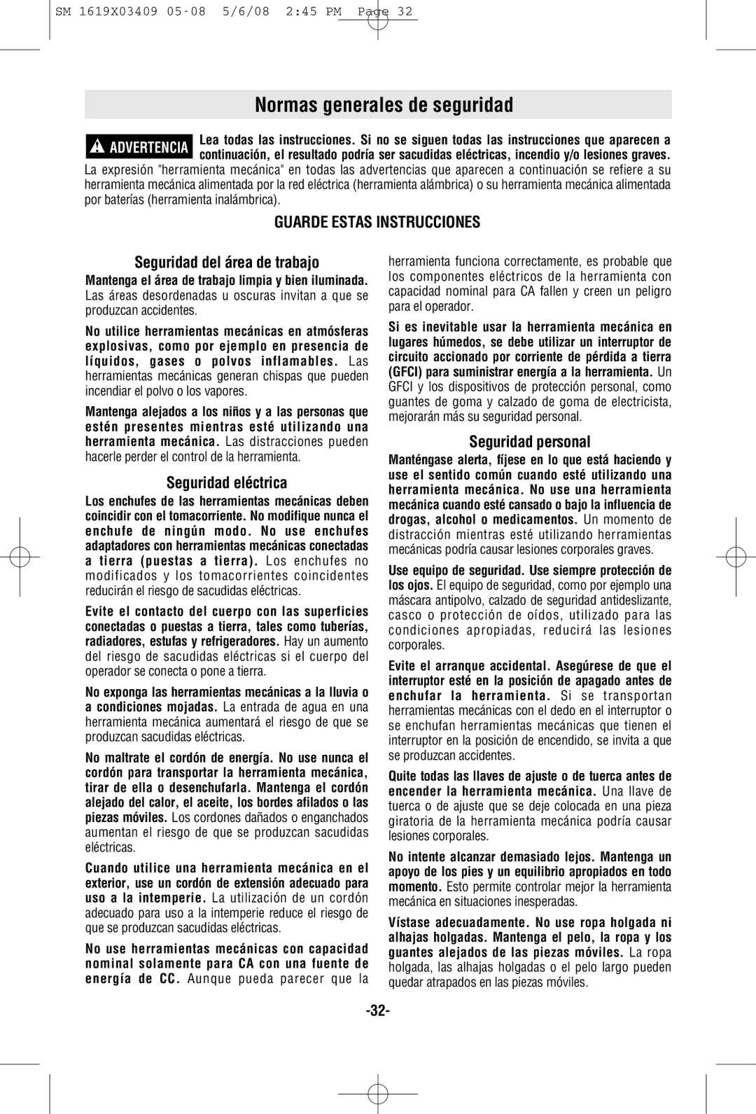 Skil 2895 manual Normas generales de seguridad, Seguridad del área de trabajo, Seguridad eléctrica, Seguridad personal 