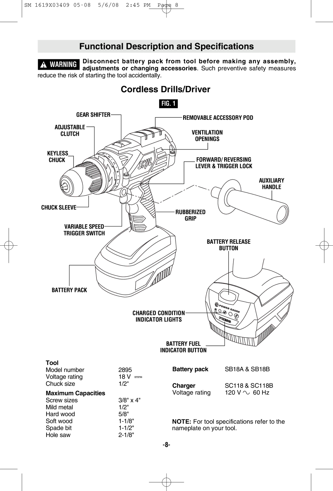 Skil 2895 manual Functional Description and Specifications, Cordless Drills/Driver 