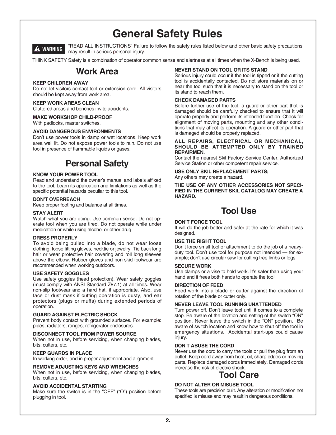 Skil 3100 manual General Safety Rules, Work Area, Personal Safety, Tool Use, Tool Care 