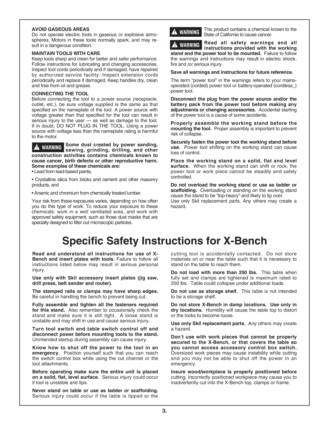 Skil 3100 manual Specific Safety Instructions for X-Bench, Avoid Gaseous Areas 