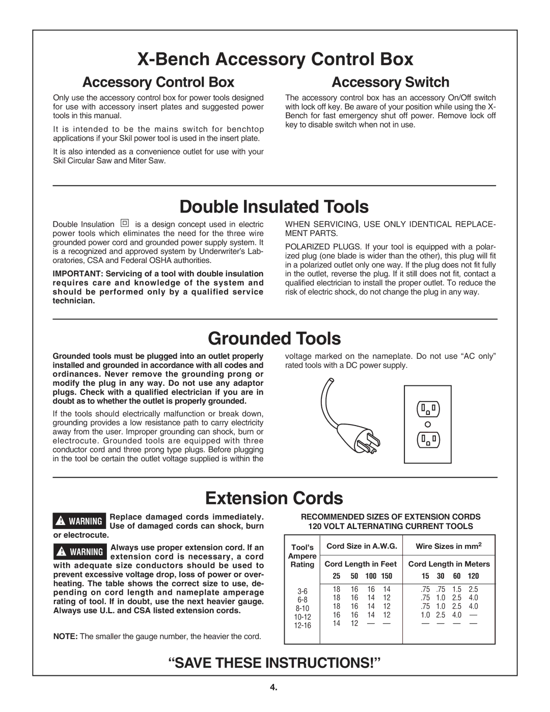 Skil 3100 manual Bench Accessory Control Box, Double Insulated Tools, Grounded Tools, Extension Cords 