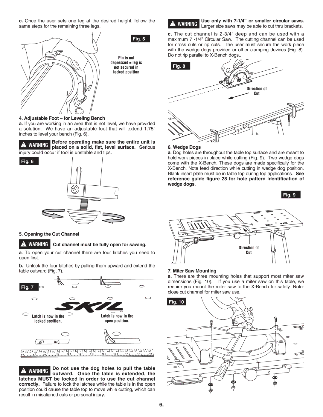 Skil 3100 manual Use only with 7-1/4 or smaller circular saws, Adjustable Foot for Leveling Bench, Opening the Cut Channel 