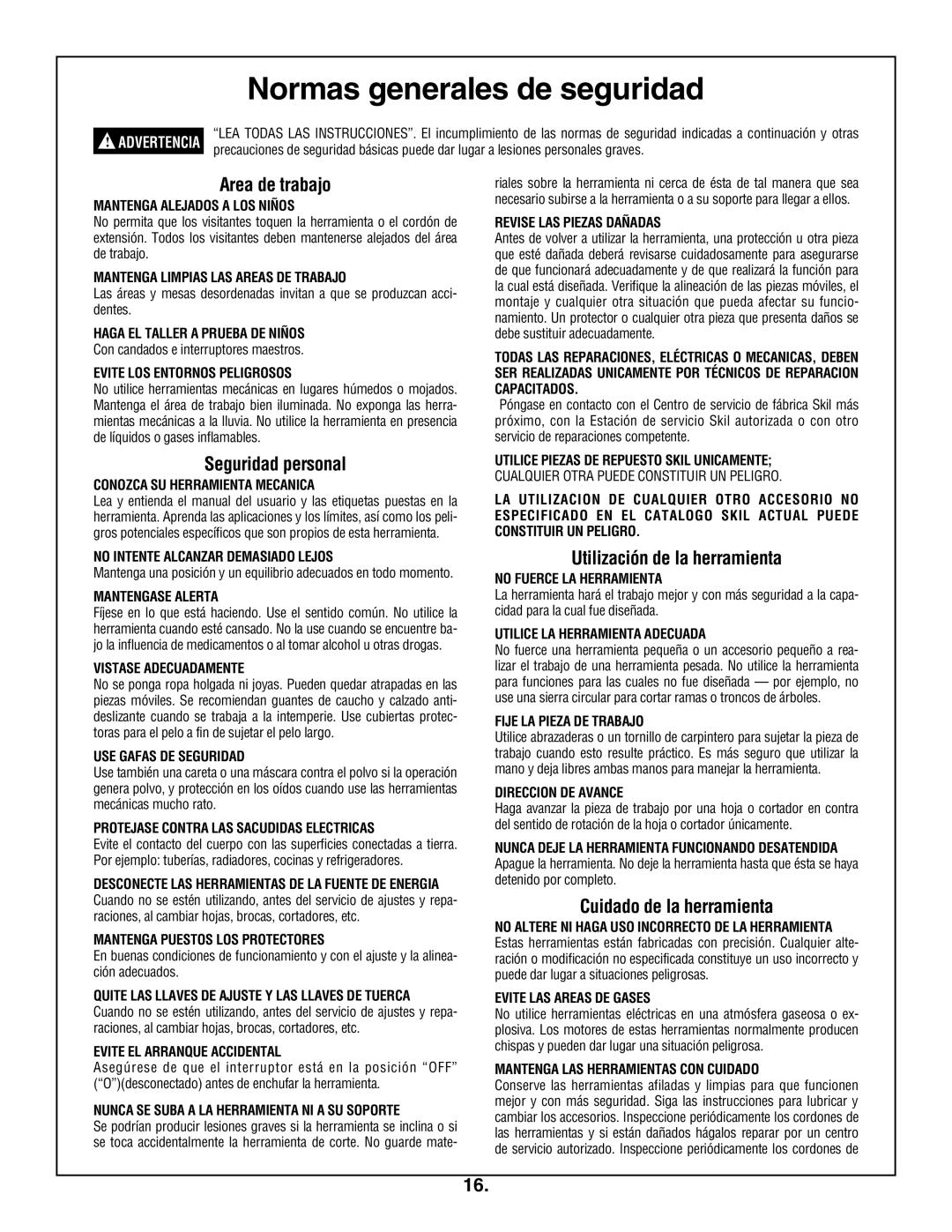 Skil 3305-01 manual Normas generales de seguridad, Area de trabajo, Seguridad personal, Utilización de la herramienta 