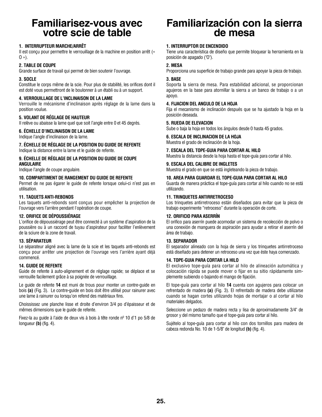 Skil 3305-01 manual Familiarisez-vous avec Votre scie de table, Familiarización con la sierra De mesa 