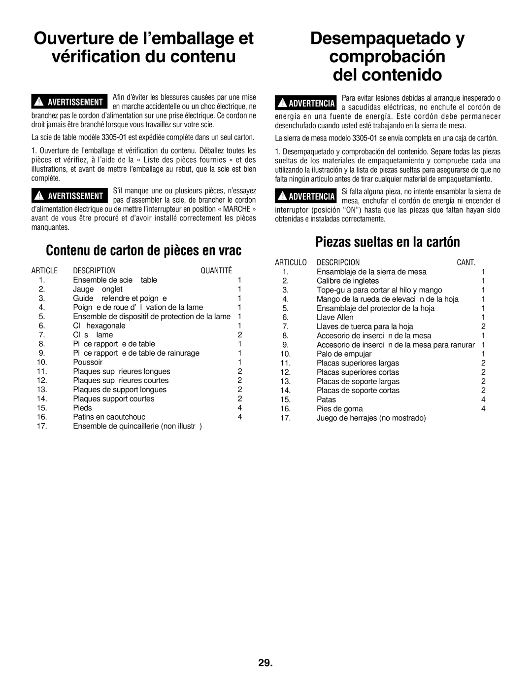 Skil 3305-01 manual Ouverture de l’emballage et Vérification du contenu, Desempaquetado y, Piezas sueltas en la cartón 