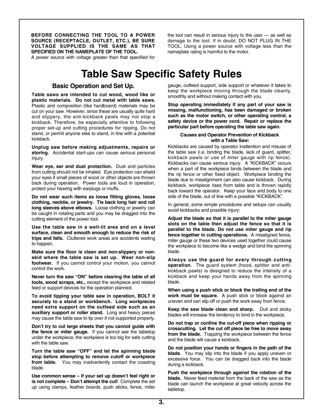 Skil 3305-01 manual Table Saw Specific Safety Rules, Basic Operation and Set Up 