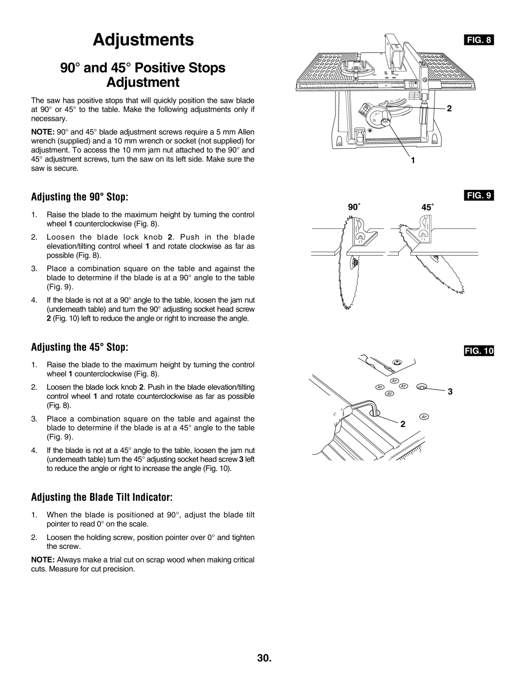 Skil 3305-01 manual Adjustments, Positive Stops Adjustment, Adjusting the 90 Stop, Adjusting the 45 Stop 