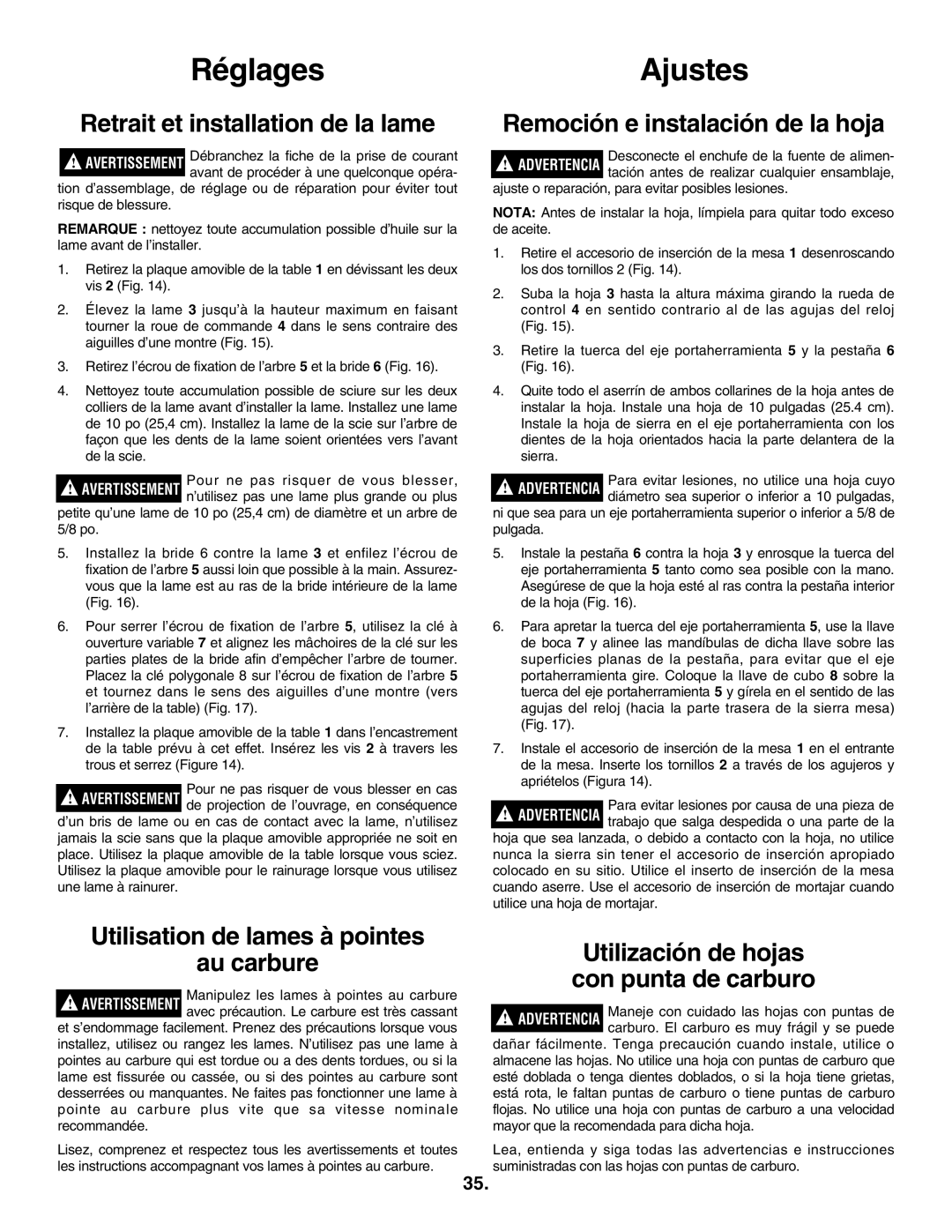 Skil 3305-01 manual Retrait et installation de la lame, Utilisation de lames à pointes Au carbure 