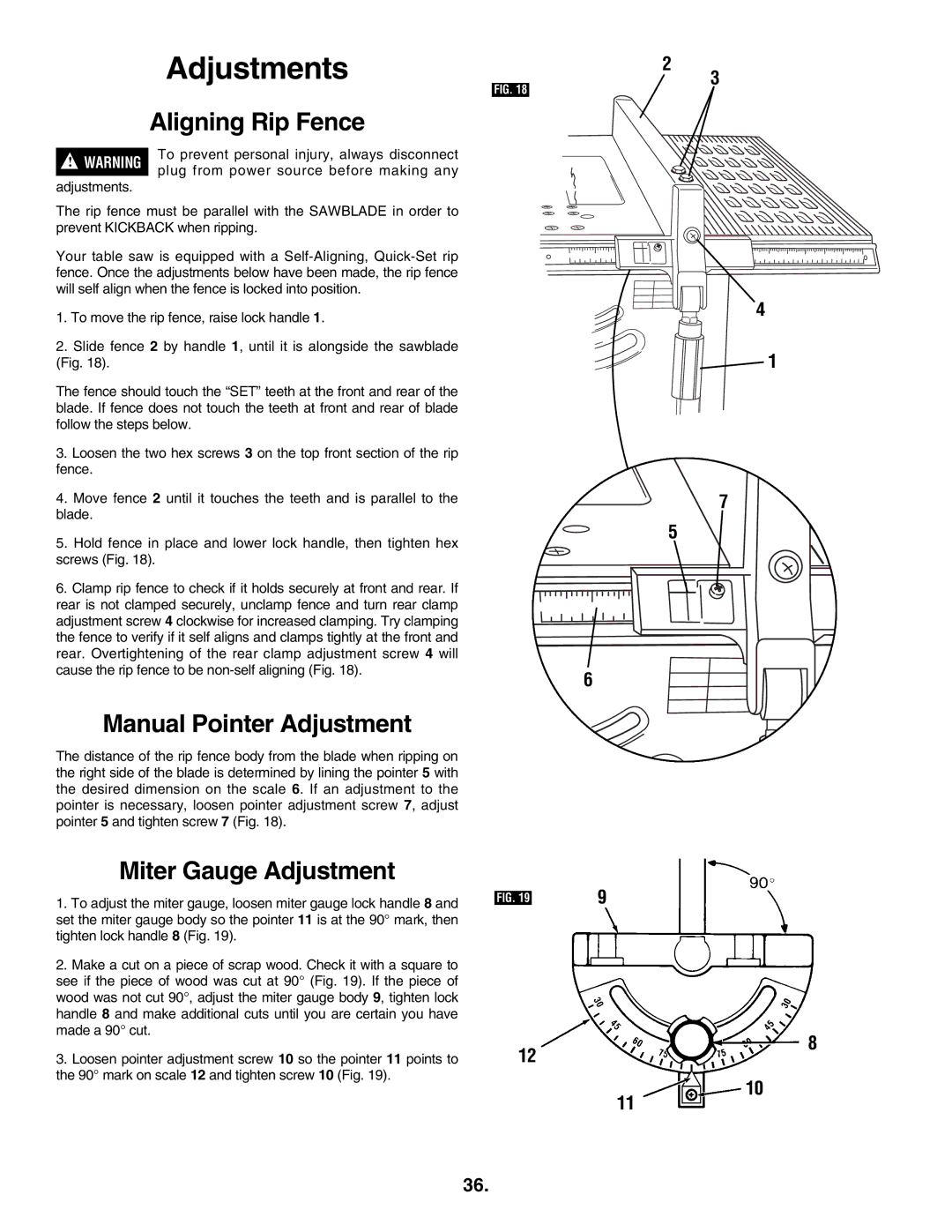 Skil 3305-01 manual Aligning Rip Fence, Manual Pointer Adjustment, Miter Gauge Adjustment 