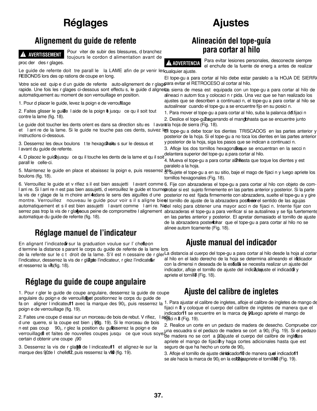 Skil 3305-01 Alignement du guide de refente, Réglage manuel de l’indicateur, Alineación del tope-guía Para cortar al hilo 