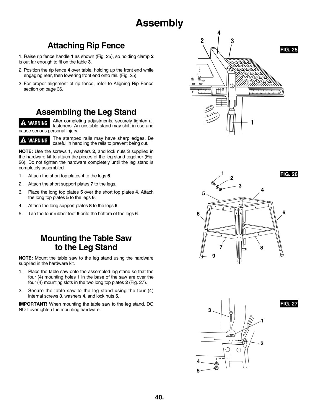 Skil 3305-01 manual Attaching Rip Fence, Assembling the Leg Stand, Mounting the Table Saw To the Leg Stand 