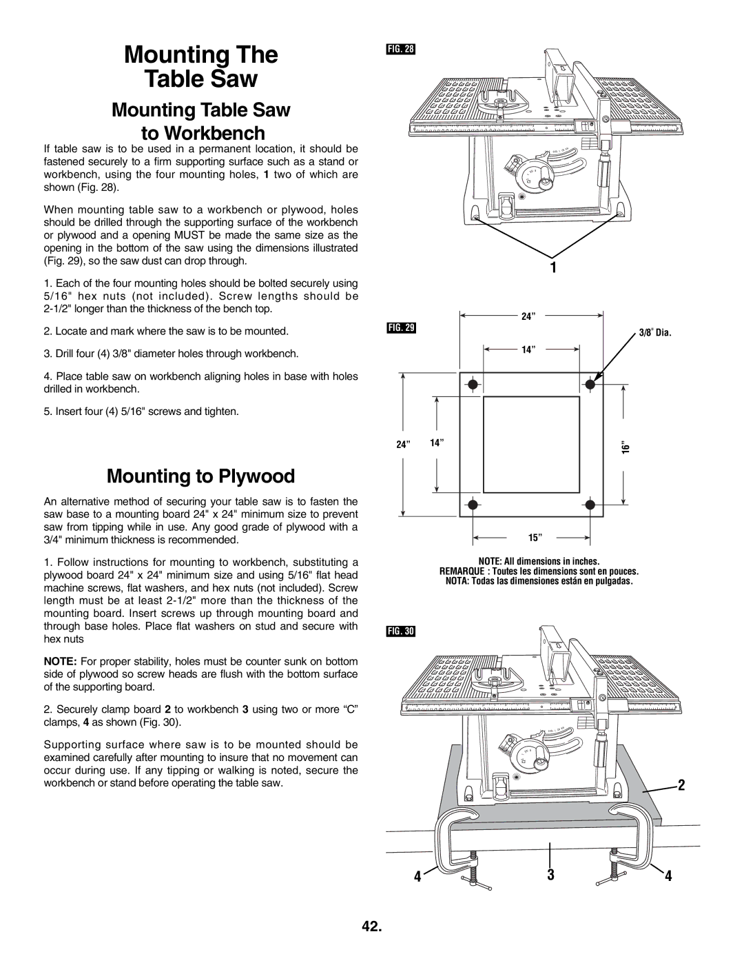 Skil 3305-01 manual Mounting Table Saw, Mounting to Plywood 