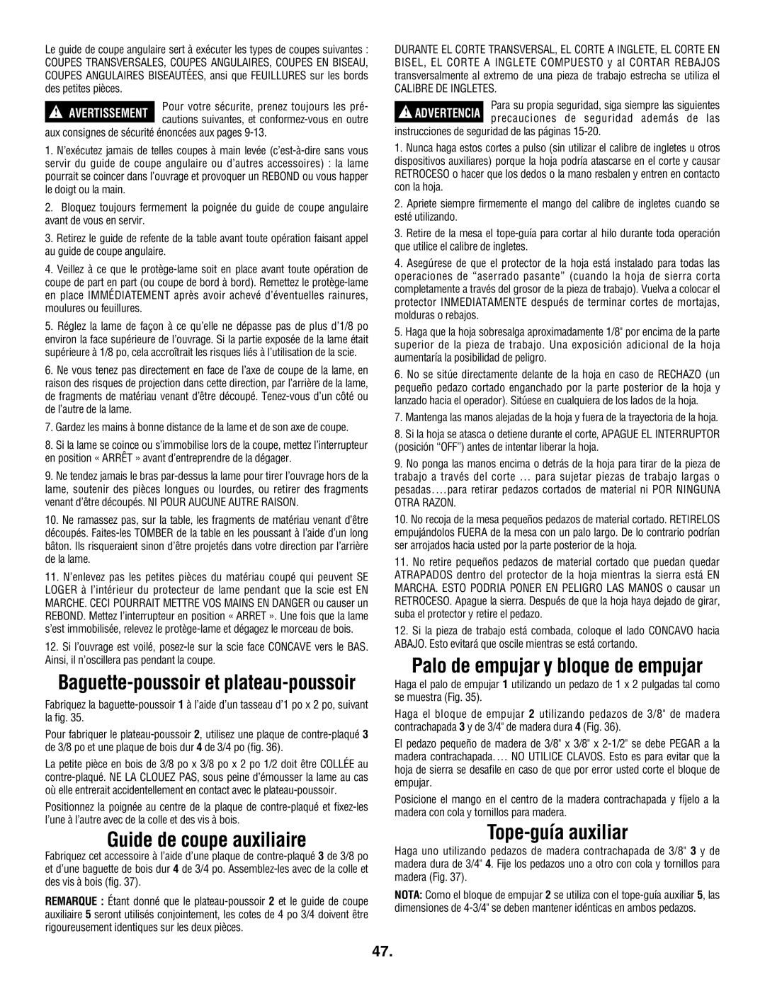 Skil 3305-01 manual Guide de coupe auxiliaire, Palo de empujar y bloque de empujar, Tope-guía auxiliar, Calibre DE Ingletes 