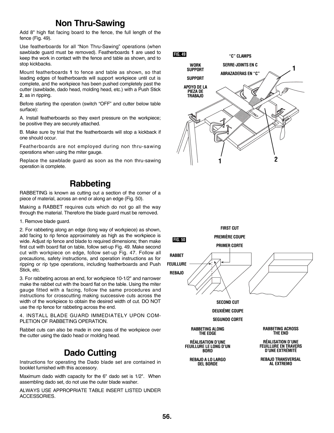 Skil 3305-01 manual Non Thru-Sawing, Rabbeting, Dado Cutting, Install Blade Guard Immediately Upon COM 