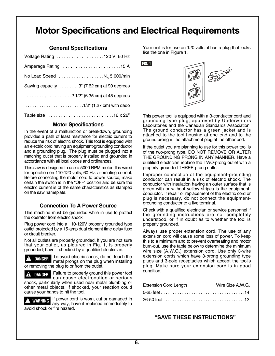 Skil 3305-01 manual Motor Specifications and Electrical Requirements, General Specifications, Connection To a Power Source 